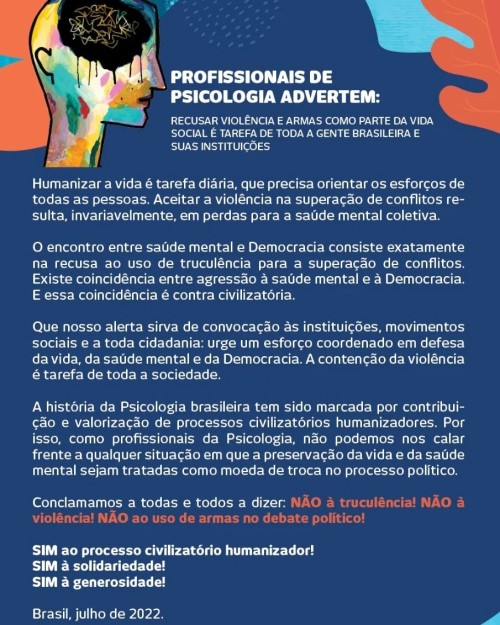 CRP SP, junto a entidades e profissionais de Psicologia, adere a manifesto contra violência e armas no debate político 